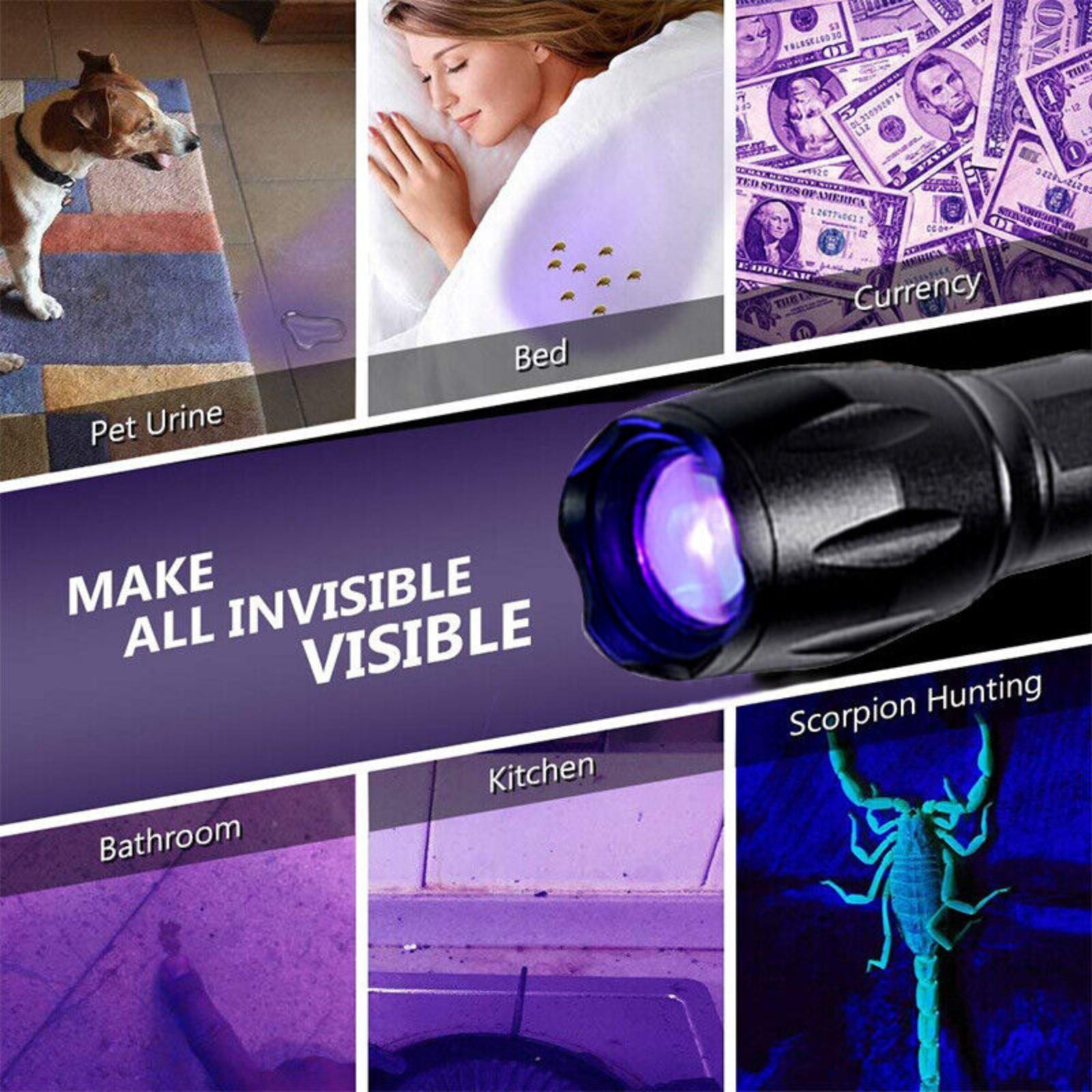 395nm Inspection Zoom Torch 2 Mode Flashlight Backlight UV Ultra Violet Light