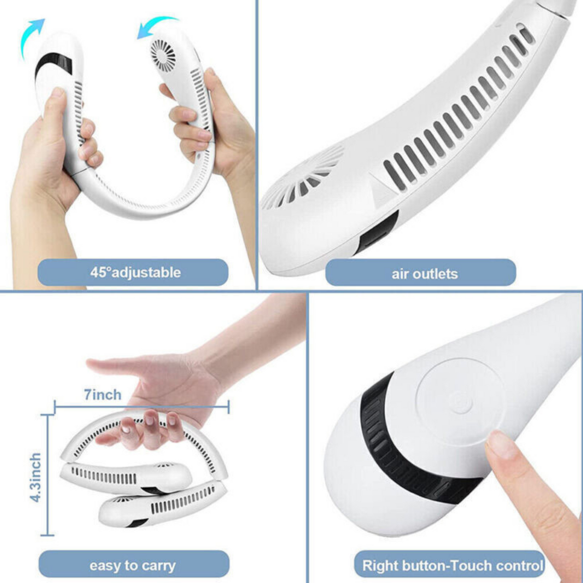 Portable Mini Bladeless Neck Fan Hanging Air Cooler USB Rechargeable White