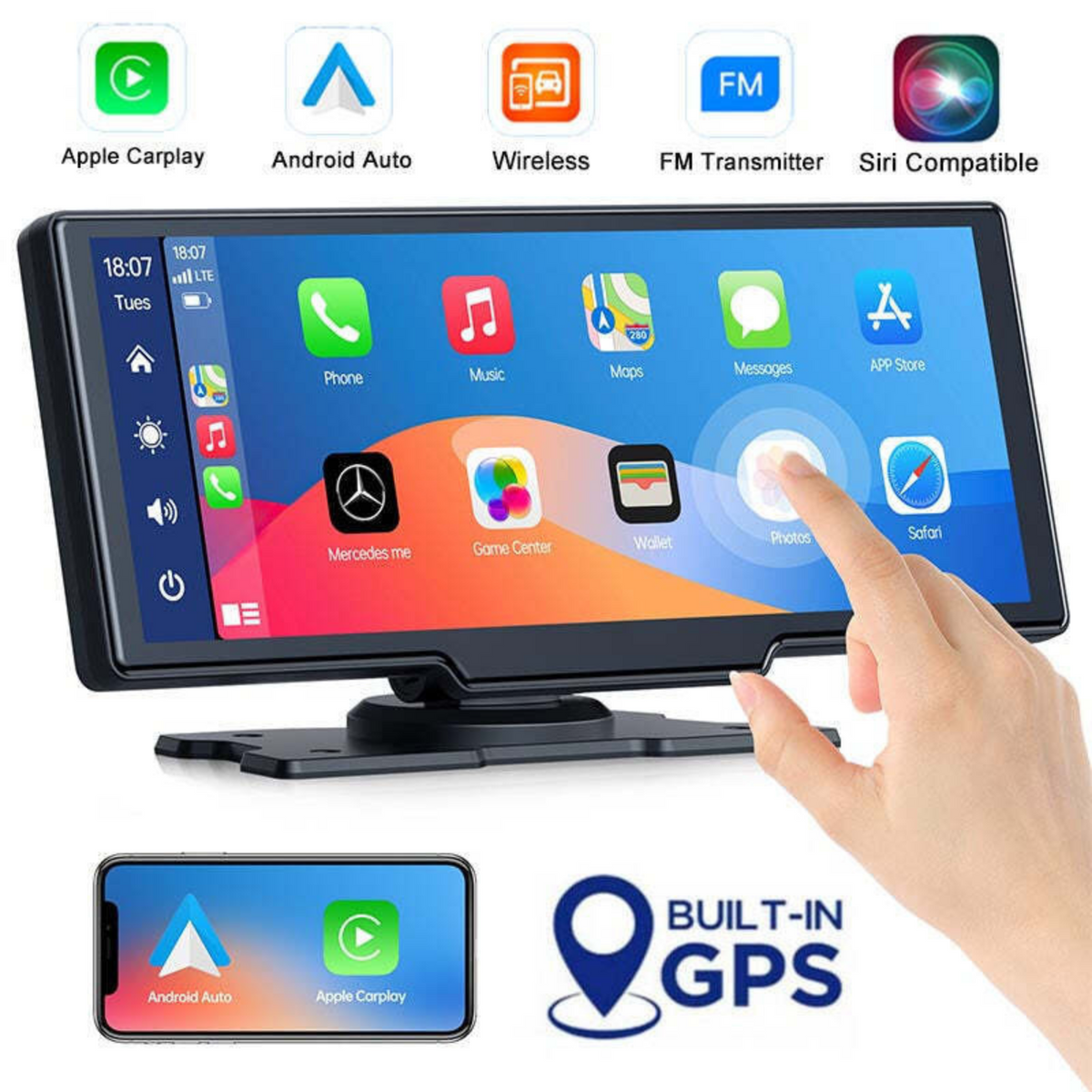 Wireless Apple Carplay Android Auto FM Bluetooth 10" Portable Car Stereo Radio