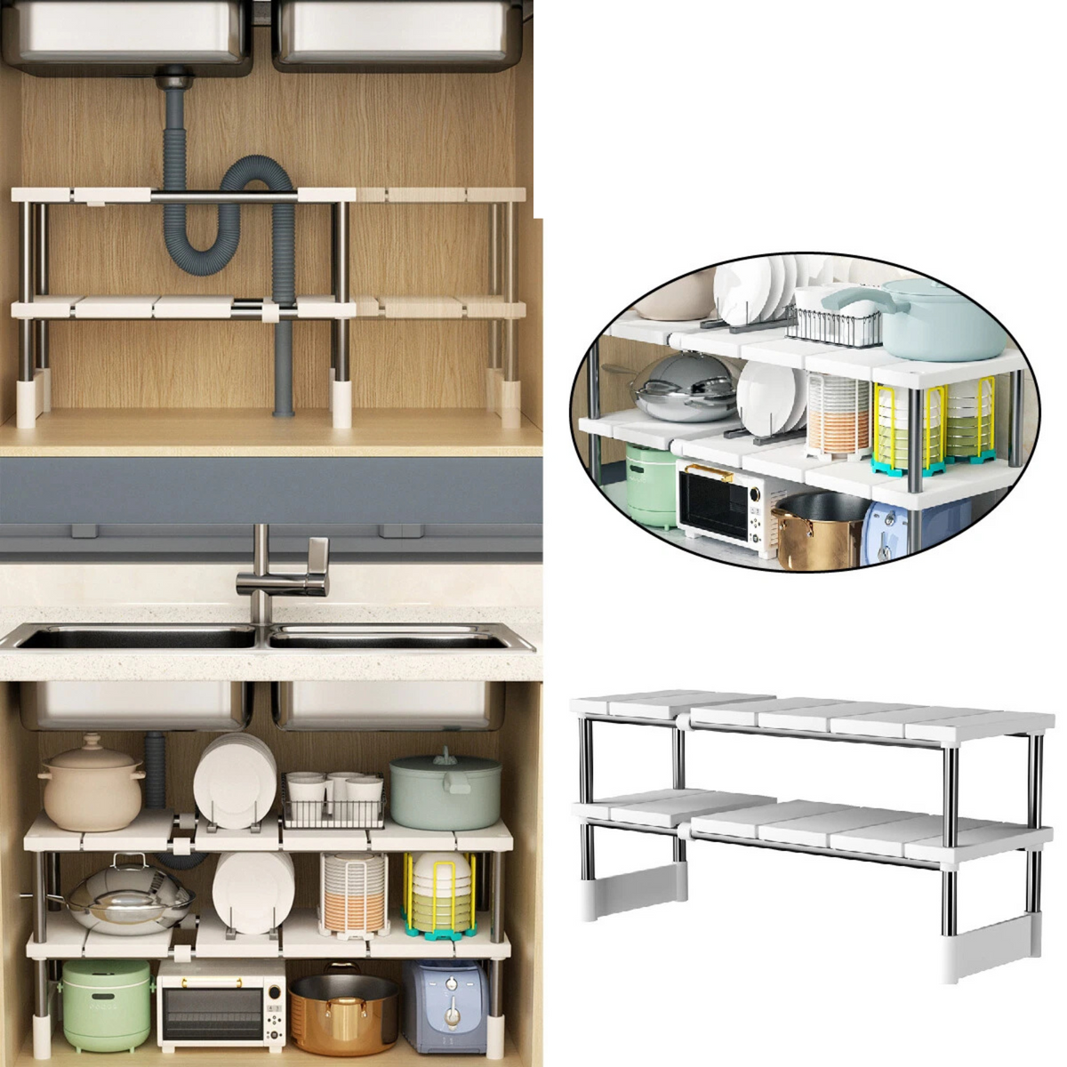 Adjustable Expandable Kitchen Cabinet Shelf Organizer Rack Storage