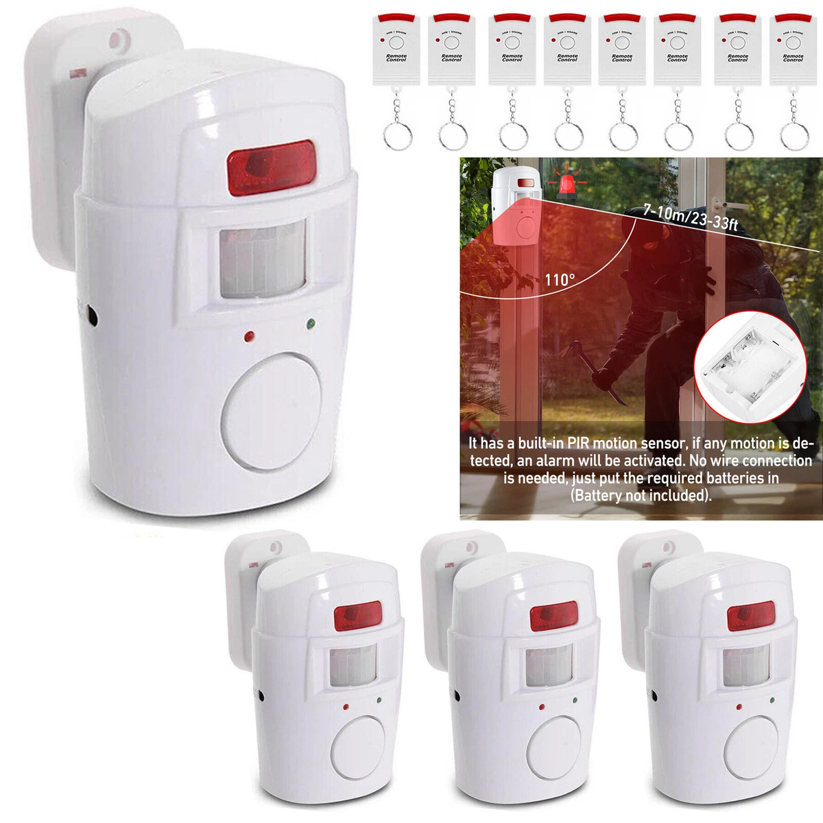 Wireless PIR Motion Alarm Sensor Set 4 Units with 8 Remote Controls