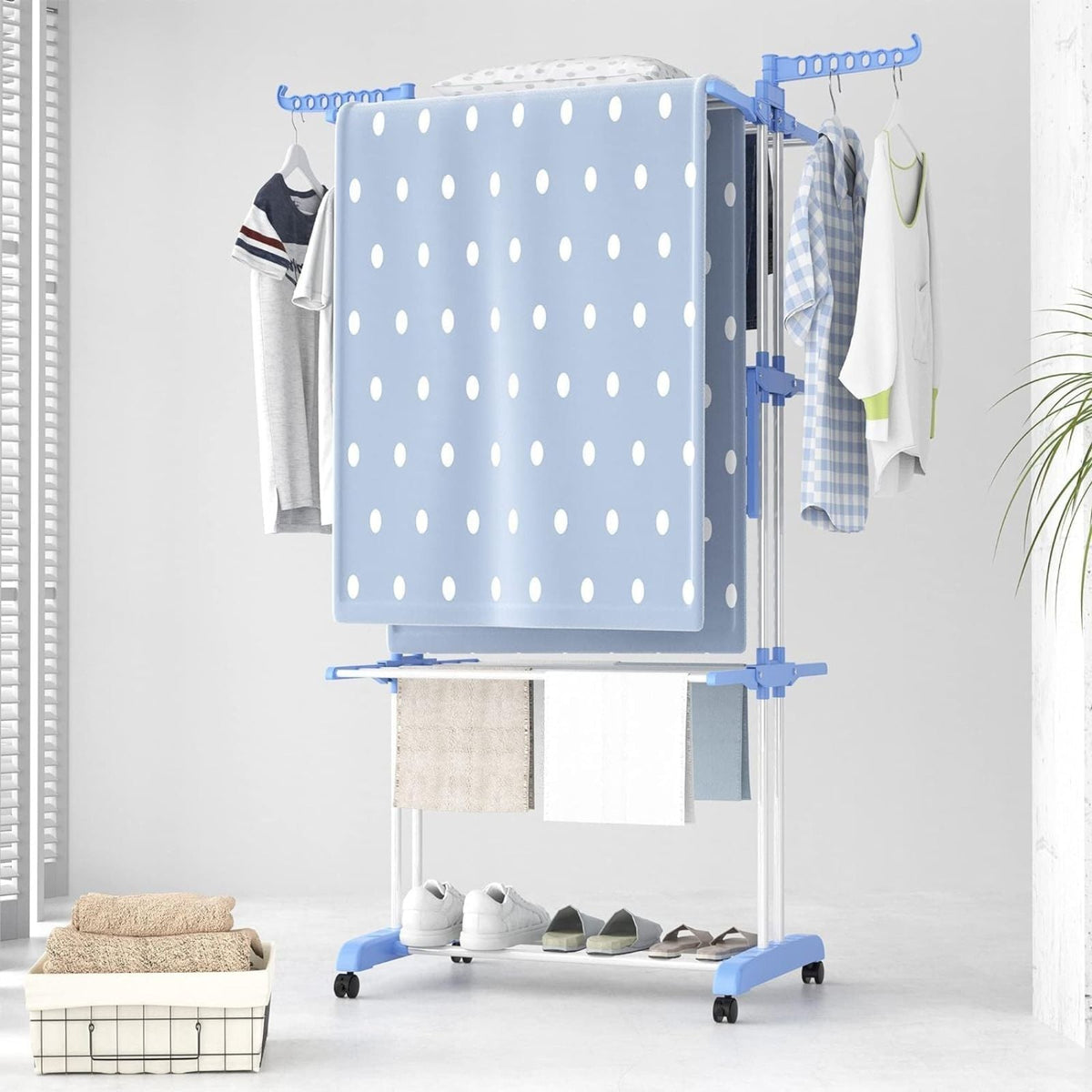 Airer Drying Rack Foldable Clothes Hanger Horse Stand Support Blue Laundry Rack