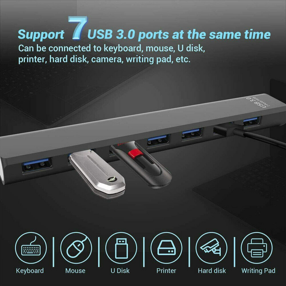 High Speed Smart Compact 7 Port USB 3.0 Hub Multi Expansion Splitter Slim
