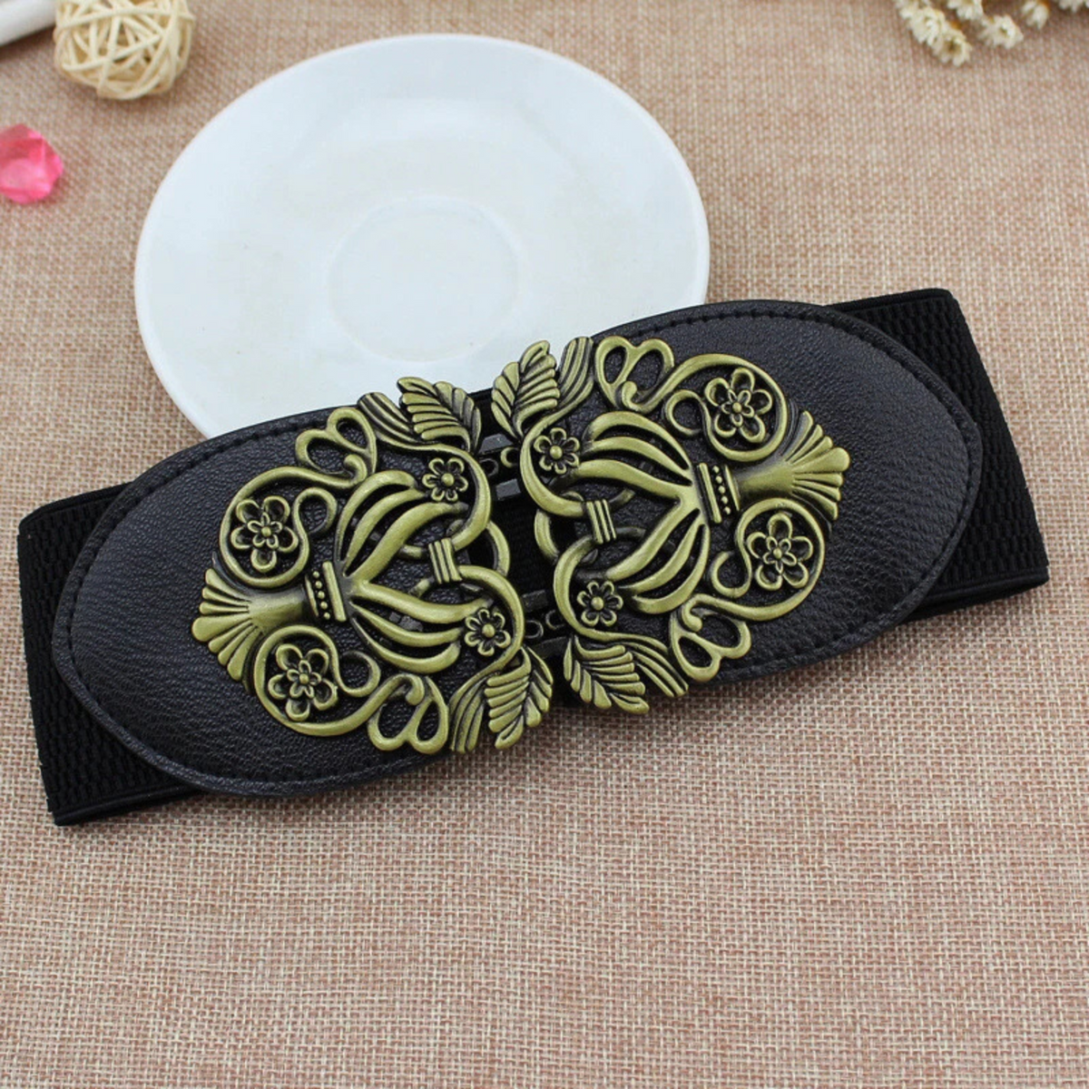 Retro Totem Wide Waistband Stretch Belt for Women Black