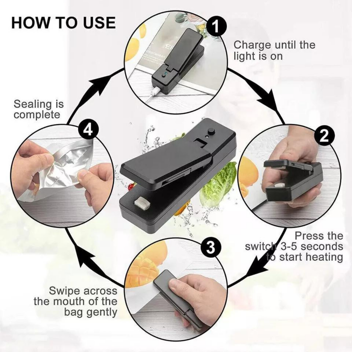 Black Food Sealer Plastic Bag Portable Mini Heat Sealing Machine Rechargeable