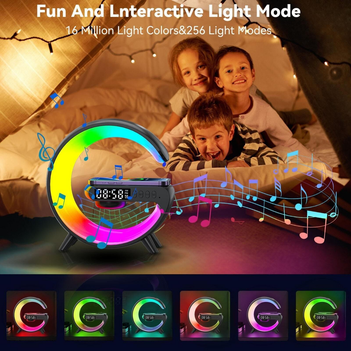 Black RGB Alarm Clock Night Light Bluetooth Speaker Wireless Charger - G Lamp