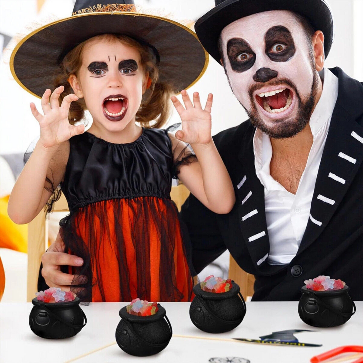 12x Black Flame Candy BucketHalloween Witch Lantern Portable Props Decor