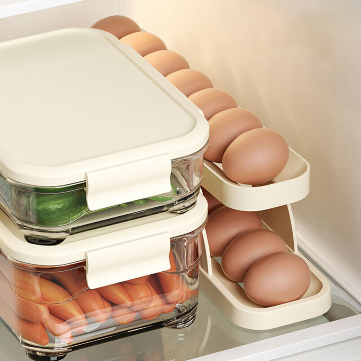 Yellow Egg Rack Holder Automatic Scrolling Box Container Refrigerator