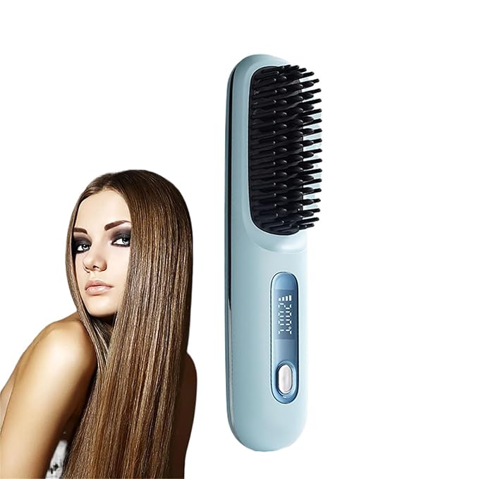 Hot Comb Brush Salon at Home 20s Fast Heating Cordless Hair Straightener Blue
