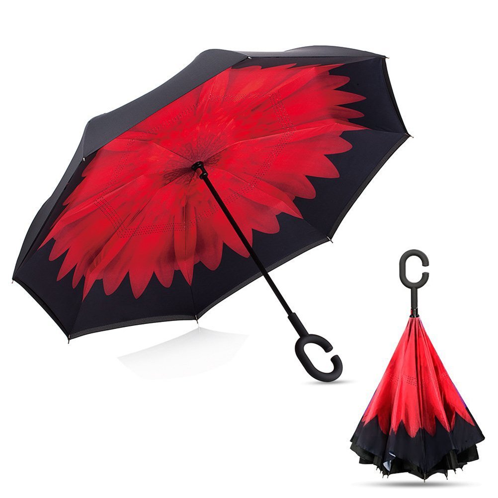 Windproof Double Layer Umbrella Reverse C-handle Upside Down Inverted Red Daisy