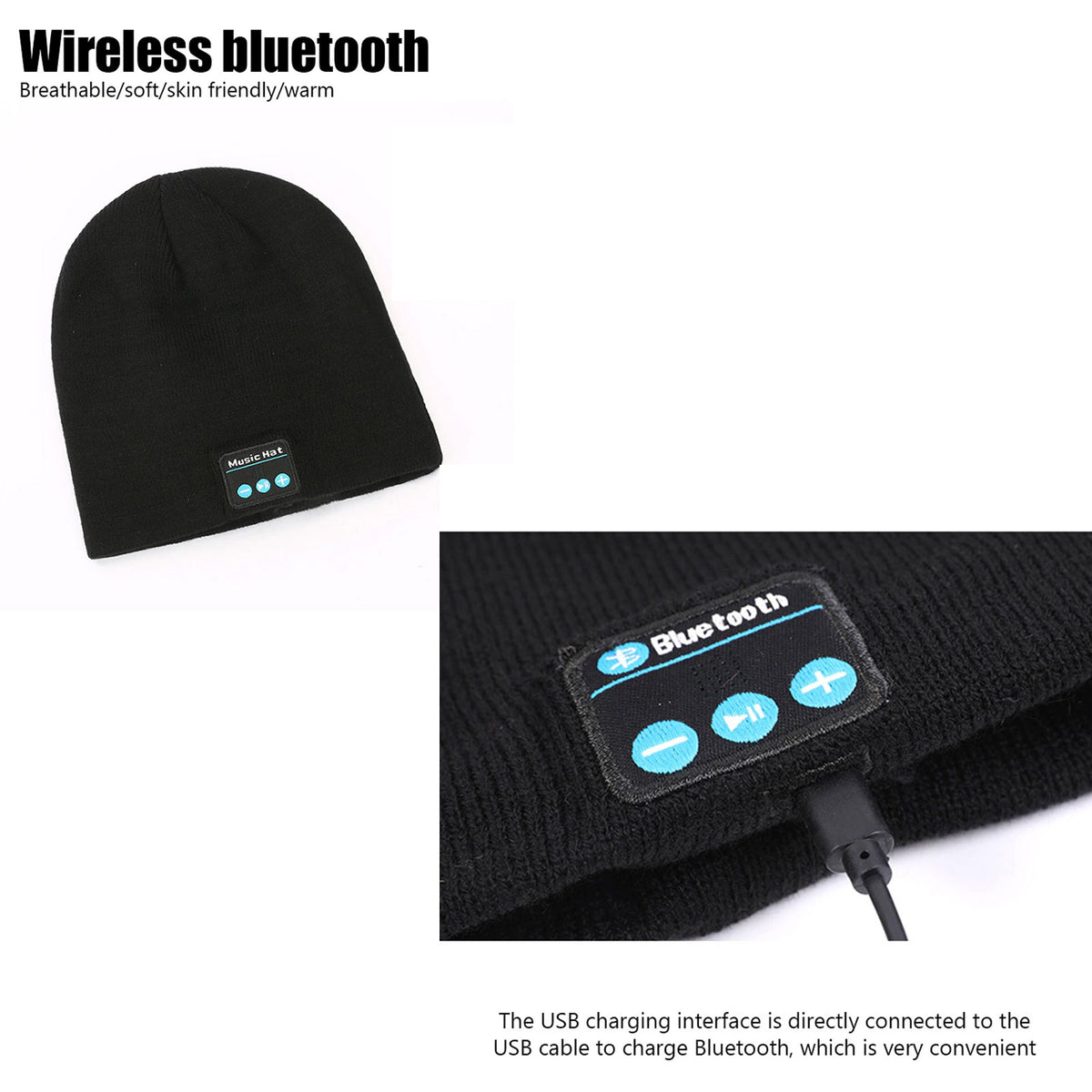 Wireless Bluetooth Music Beanie Hat With Speakers Rechargeable Unisex Head Black