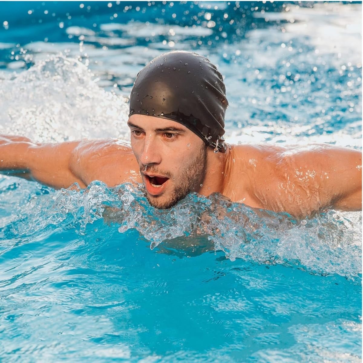 Men Women Swim Hat Silicone Swimming Cap Waterproof Adults Kids Unisex Black
