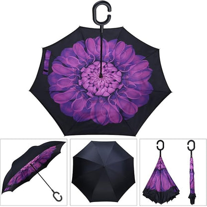 Windproof Double Layer Umbrella Reverse C-handle Upside Down Inverted Blossom