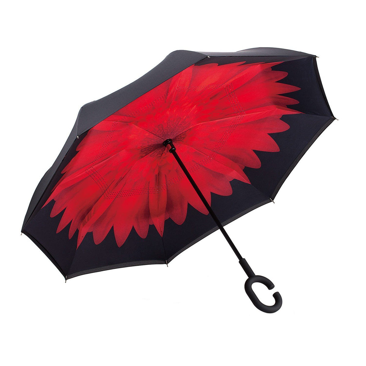 Windproof Double Layer Umbrella Reverse C-handle Upside Down Inverted Red Daisy