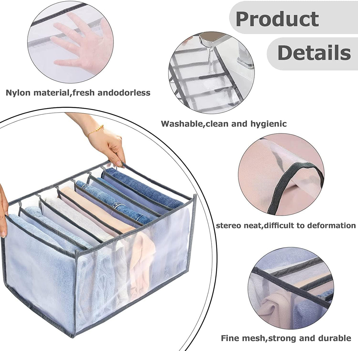 Foldable Drawer Organizer Box Mesh Storage Bag Clothes Jeans Pants Grey