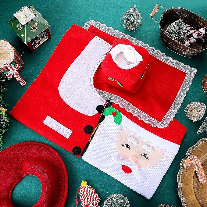 Christmas Home Decor Santa Toilet Seat Cover Rug Bathroom Set Decoration
