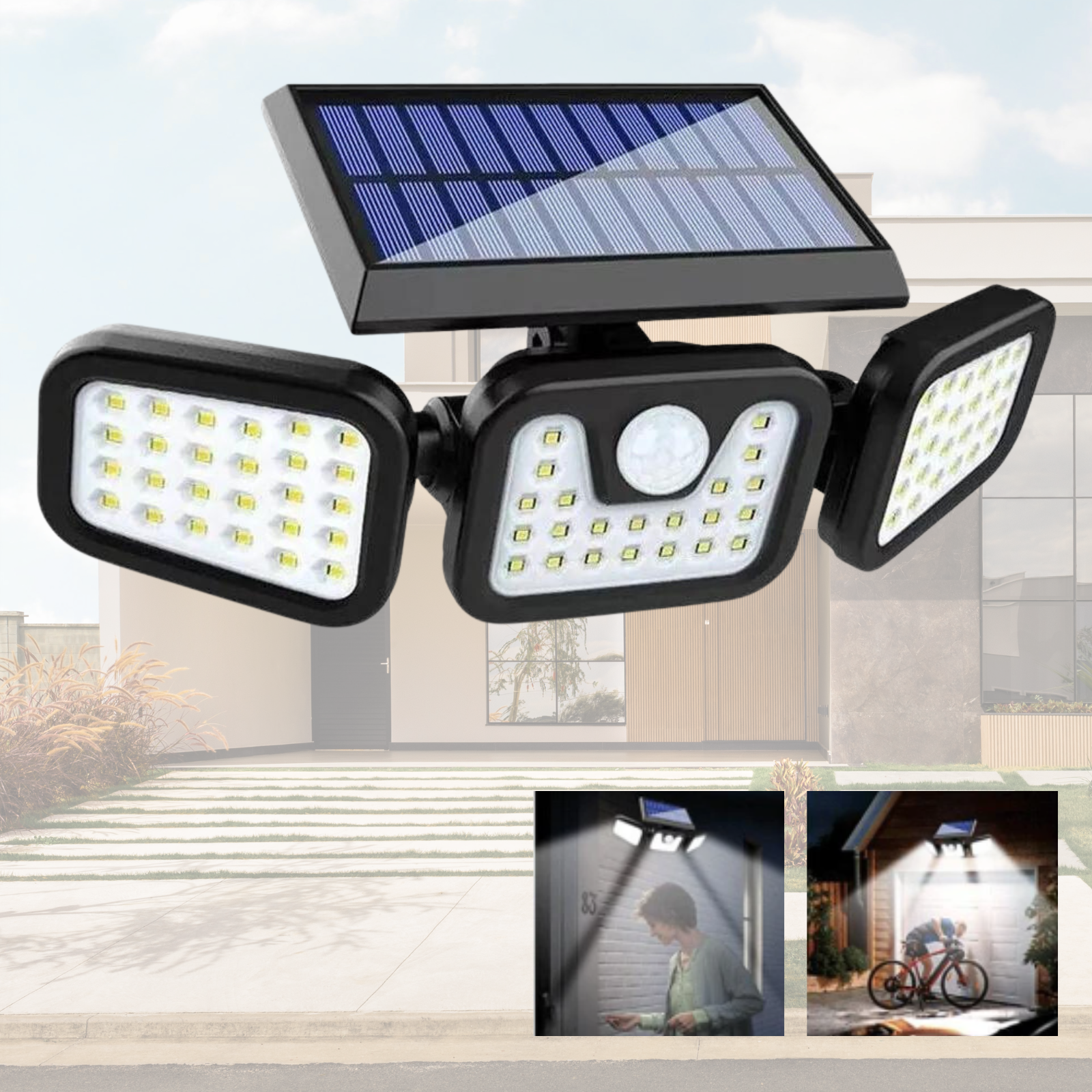 3 Head 74 Led Solar Powered Motion Sensor Light Outdoor Security Flood Lamp