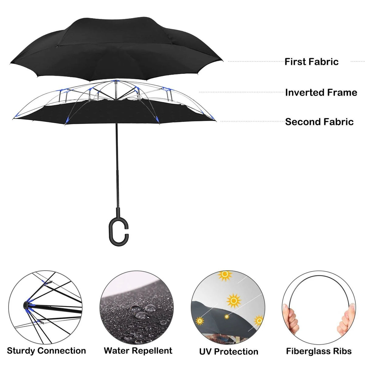 Windproof Double Layer Umbrella Reverse C-handle Upside Down Inverted Blossom