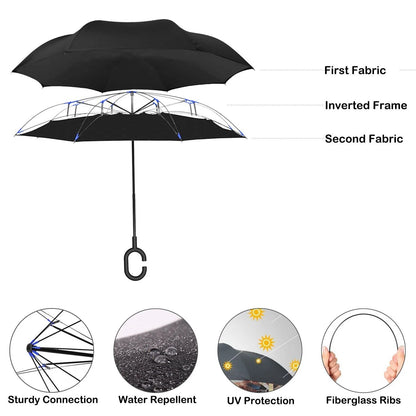 Windproof Double Layer Umbrella Reverse C-handle Upside Down Inverted Blossom