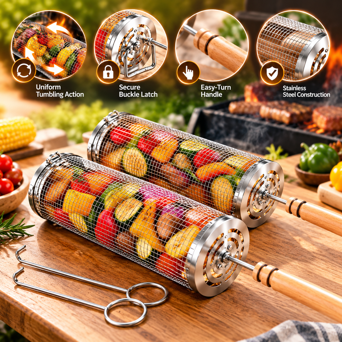 RollGrill™ Rolling BBQ Basket Set