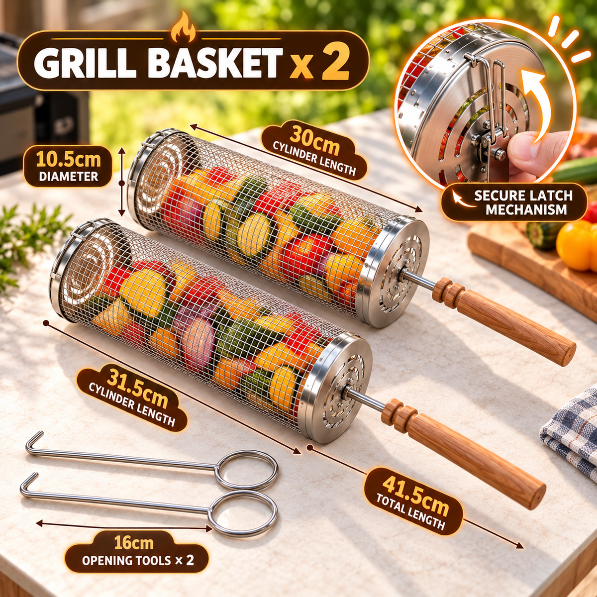 RollGrill™ Rolling BBQ Basket Set