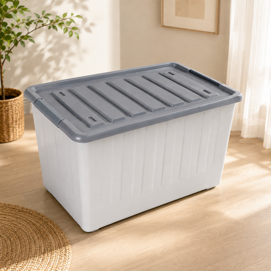 Heavy Plastic Tub Storage Box 52L Large Moveable Storage Box Wheels Lid