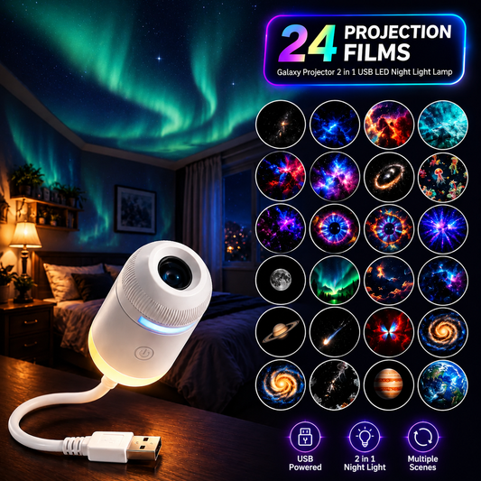 24 Projector Films Galaxy Projector 2 in 1 USB LED Night Light Lamp