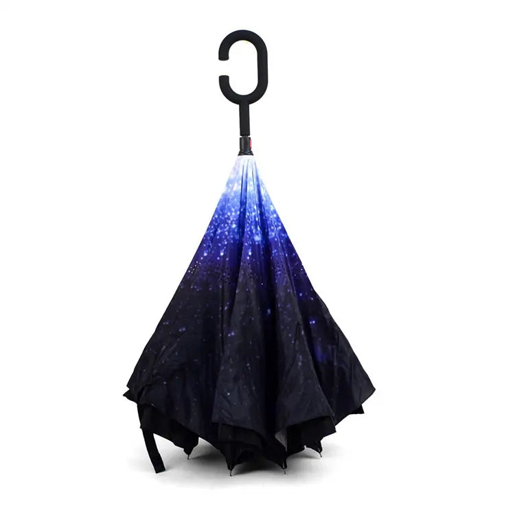 Windproof Double Layer Umbrella Reverse C-handle Upside Down Inverted Starry Sky