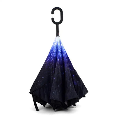 Windproof Double Layer Umbrella Reverse C-handle Upside Down Inverted Starry Sky