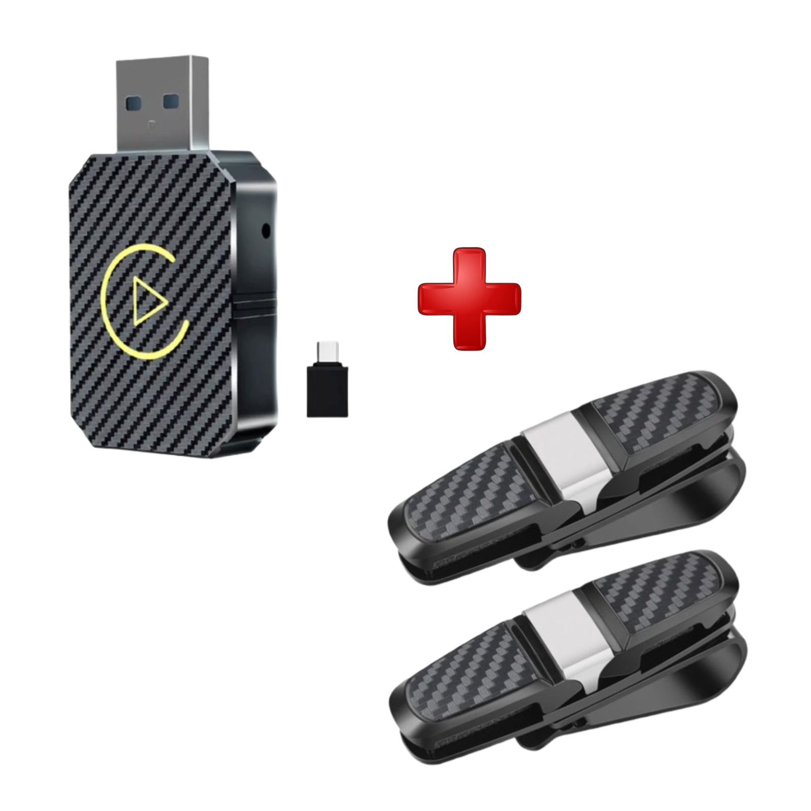Wireless Apple Carplay Adapter Car Dongle PLUS 2x Sun Visor Glasses Holder Clip