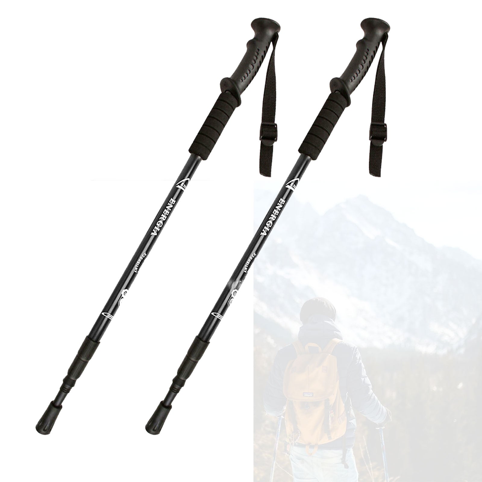 2x New Hiking Aluminium Trekking Poles Walking Stick Camping Black Lightweight