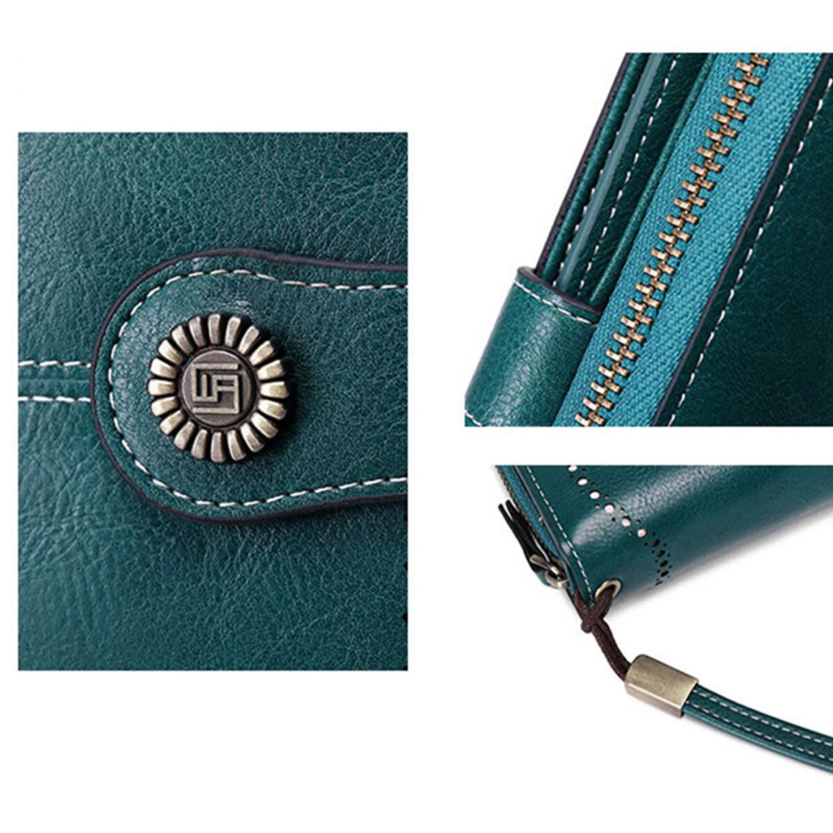Women Leather Wallet Zipper Handbag Large Capacity Peacock Blue