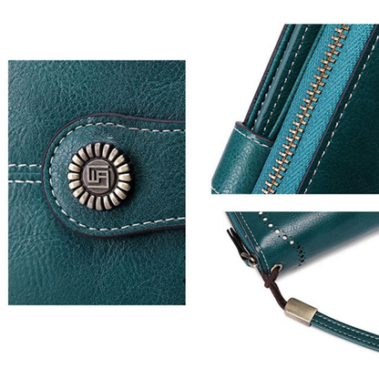 Women Leather Wallet Zipper Handbag Large Capacity Peacock Blue
