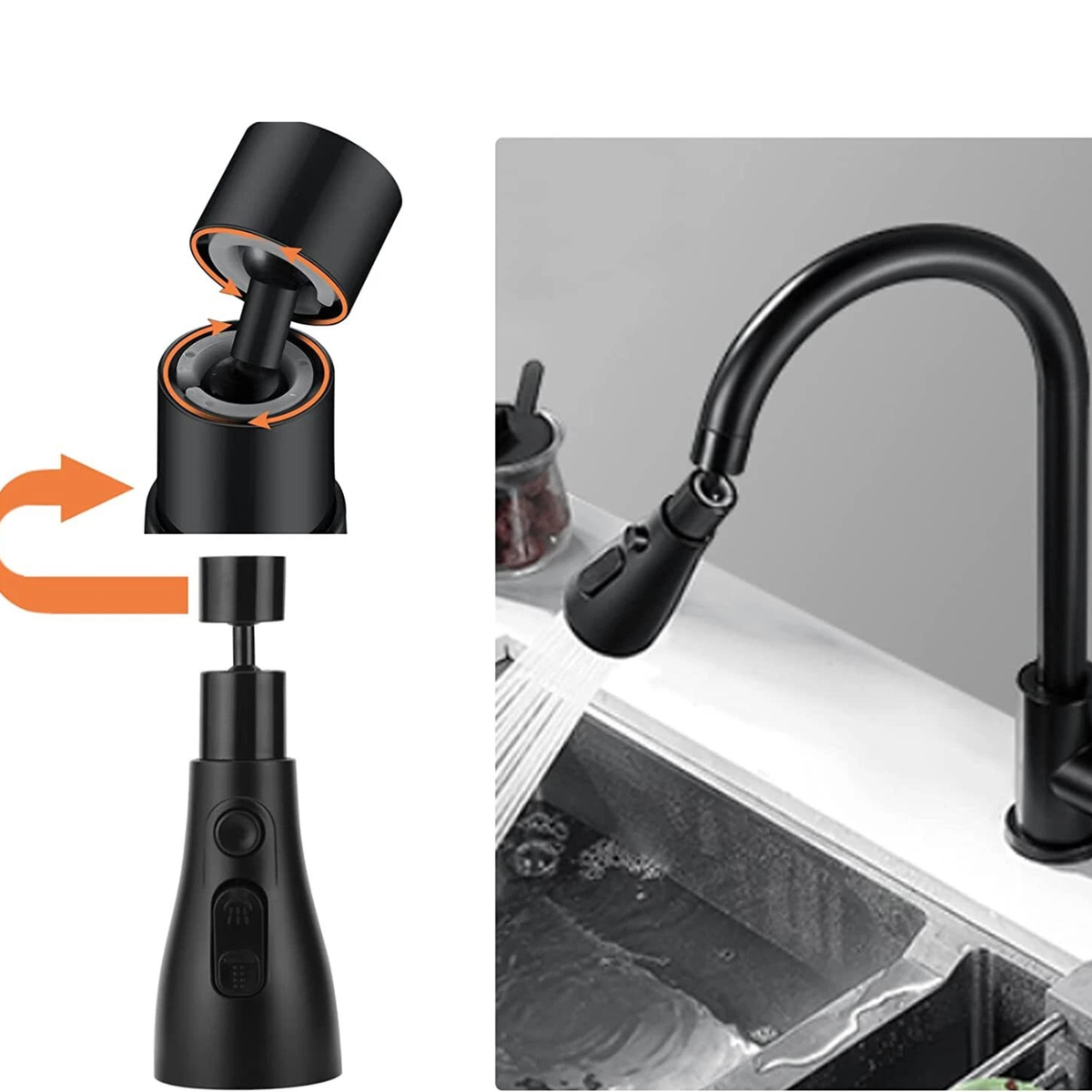 Kitchen Swivel 360° Spray Head Faucet Black Tap Water Saving Nozzle