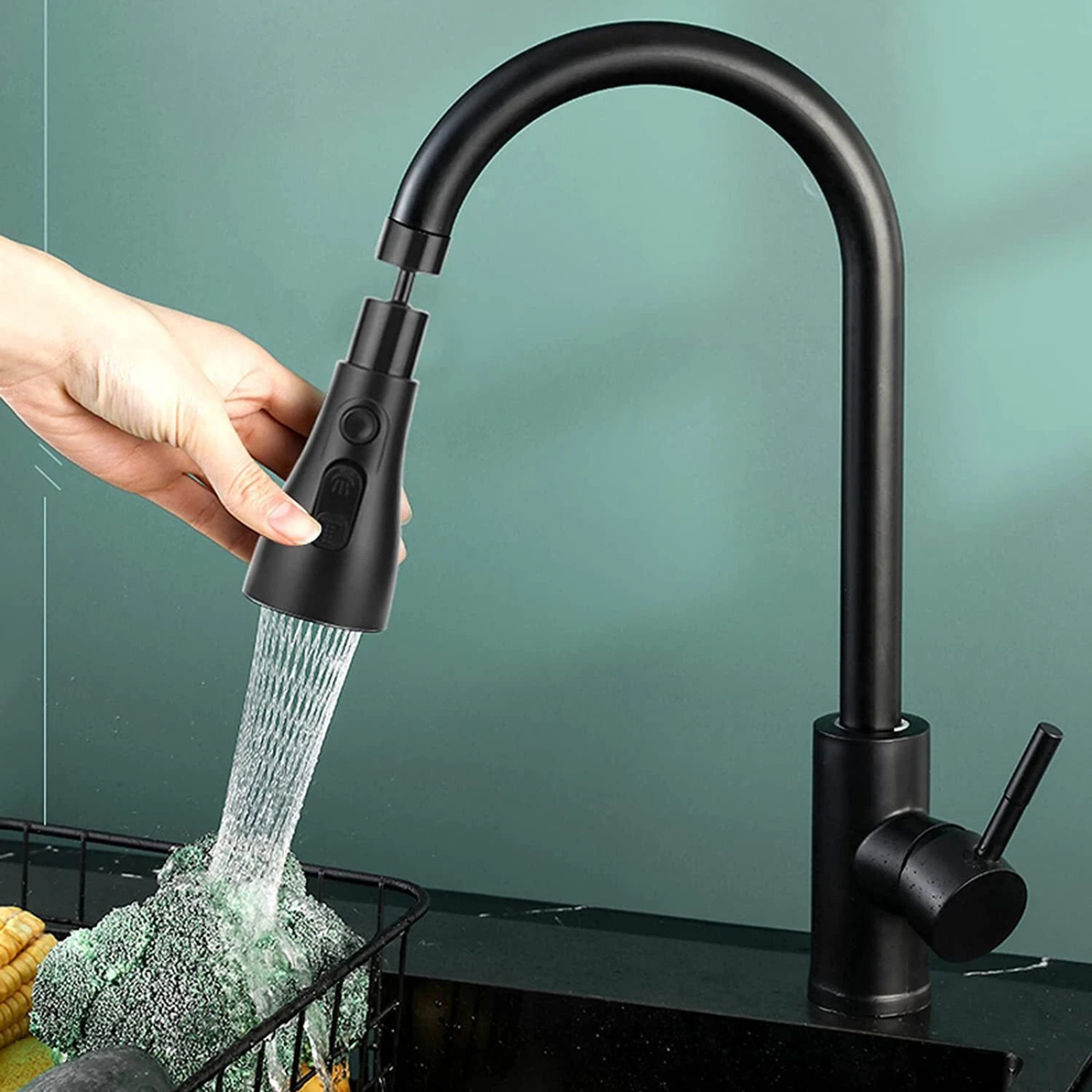 Kitchen Swivel 360° Spray Head Faucet Black Tap Water Saving Nozzle