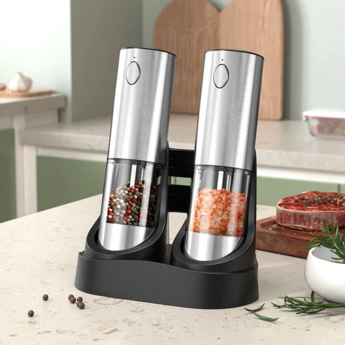 Electric Salt Pepper Grinder Set 2 Pack Adjustable Spice Mill