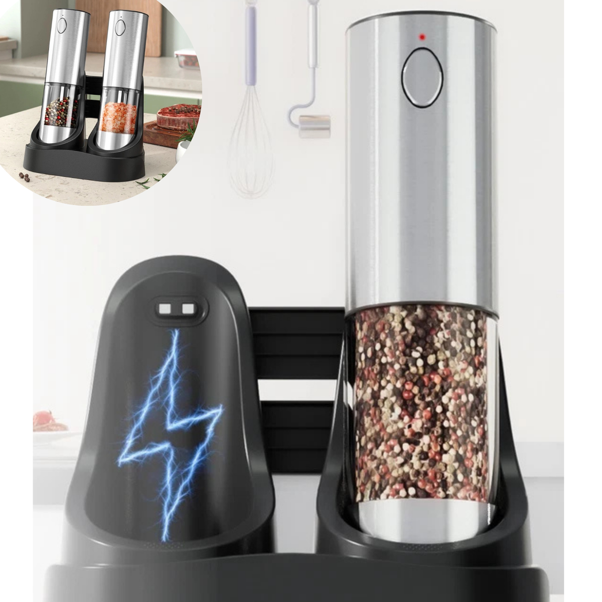 Electric Salt Pepper Grinder Set 2 Pack Adjustable Spice Mill