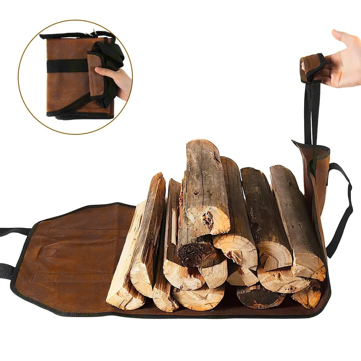 Heavy Duty Firewood Carry Bag Outdoor Log Storage Tote Dark Brown