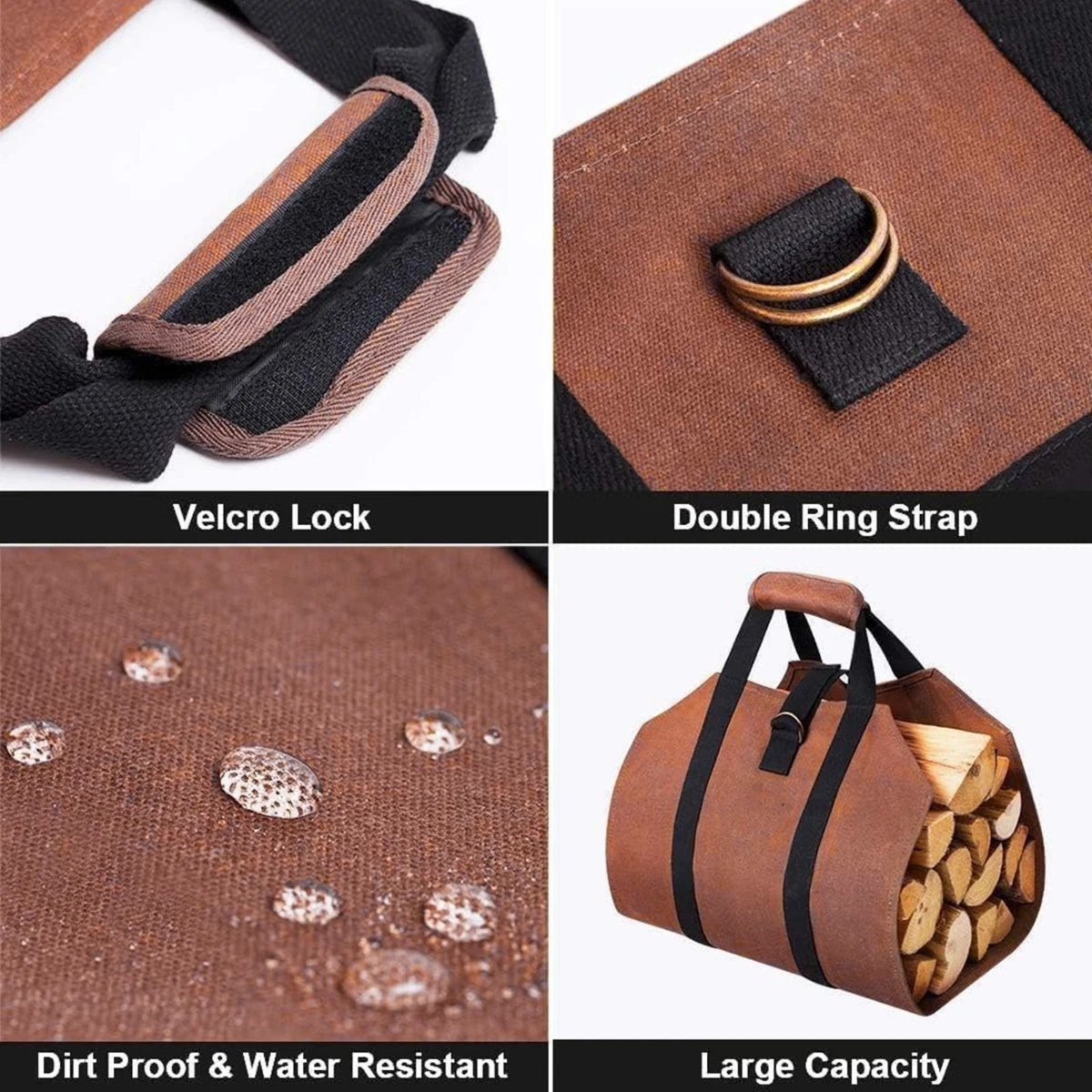Heavy Duty Firewood Carry Bag Outdoor Log Storage Tote Dark Brown