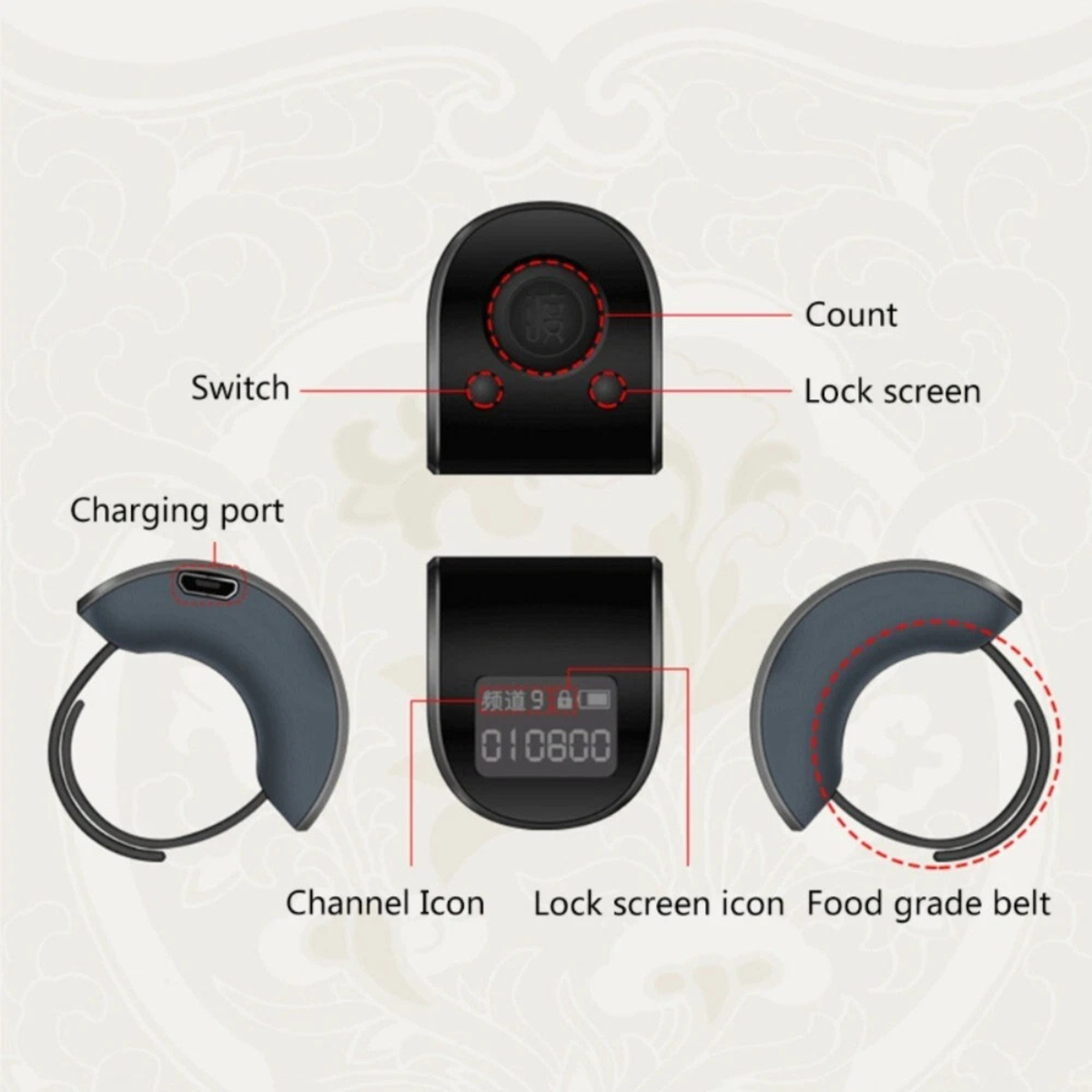 Black Digital Finger Ring Counter LCD Electronic Hand Tally Clicker Counter
