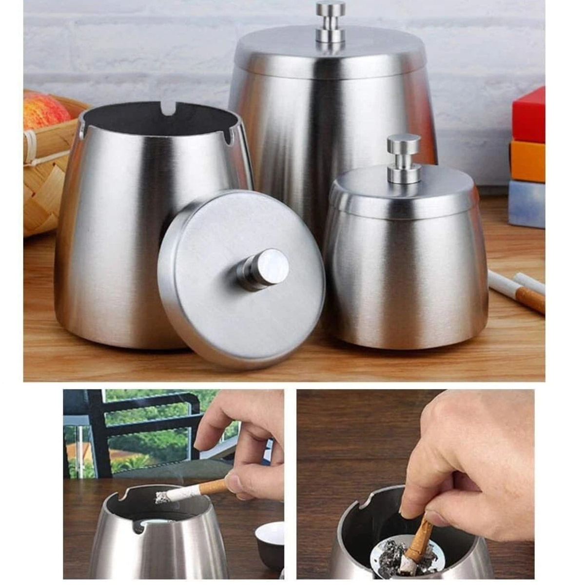 Stainless Steel Outdoor Ashtray with Lid Windproof Rainproof Smoking Bin