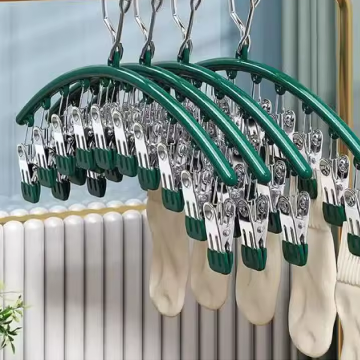 3 Pack Arc Sock Drying Rack Green Clothes Hanger with Clip Holder