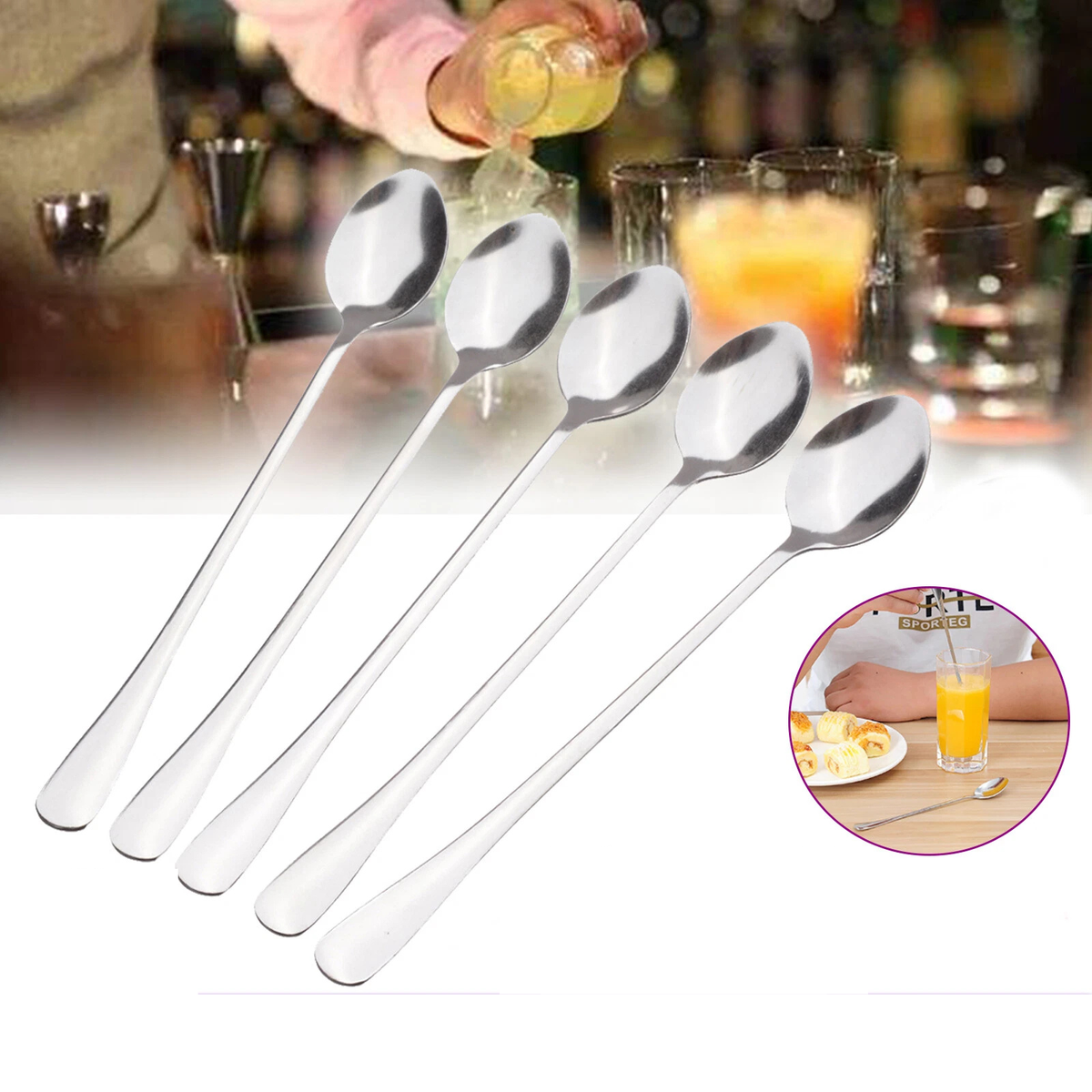5PCS Long Handle Stainless Steel Coffee Tea Spoon Dessert Cutlery Set