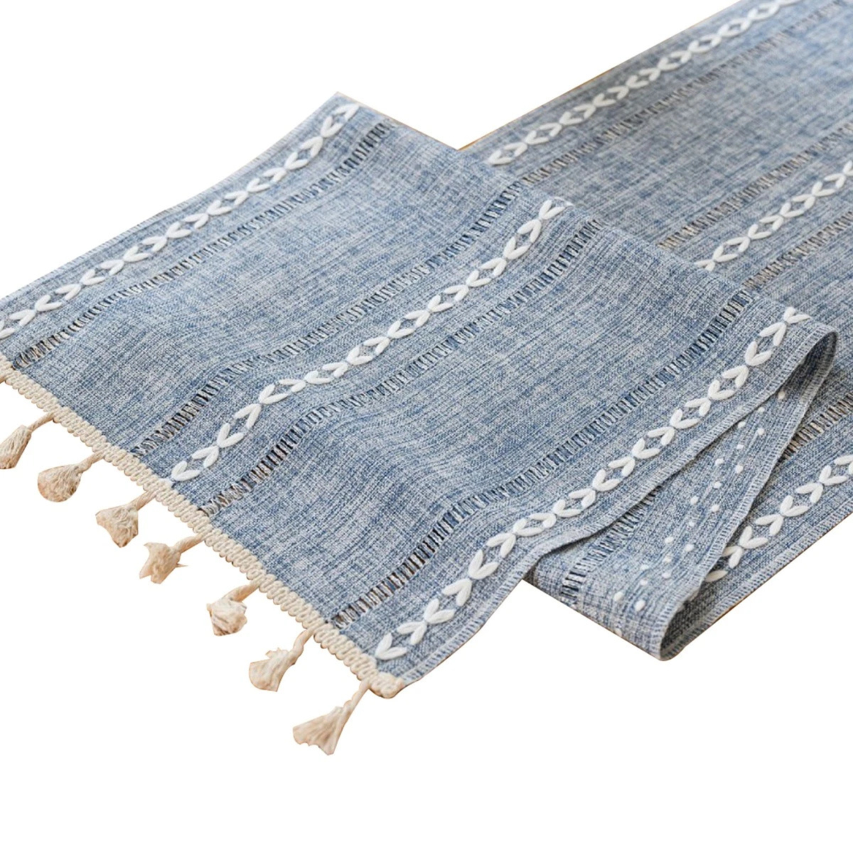 Blue Woven Fringe Table Runner Solid Colour Dining Table Decoration