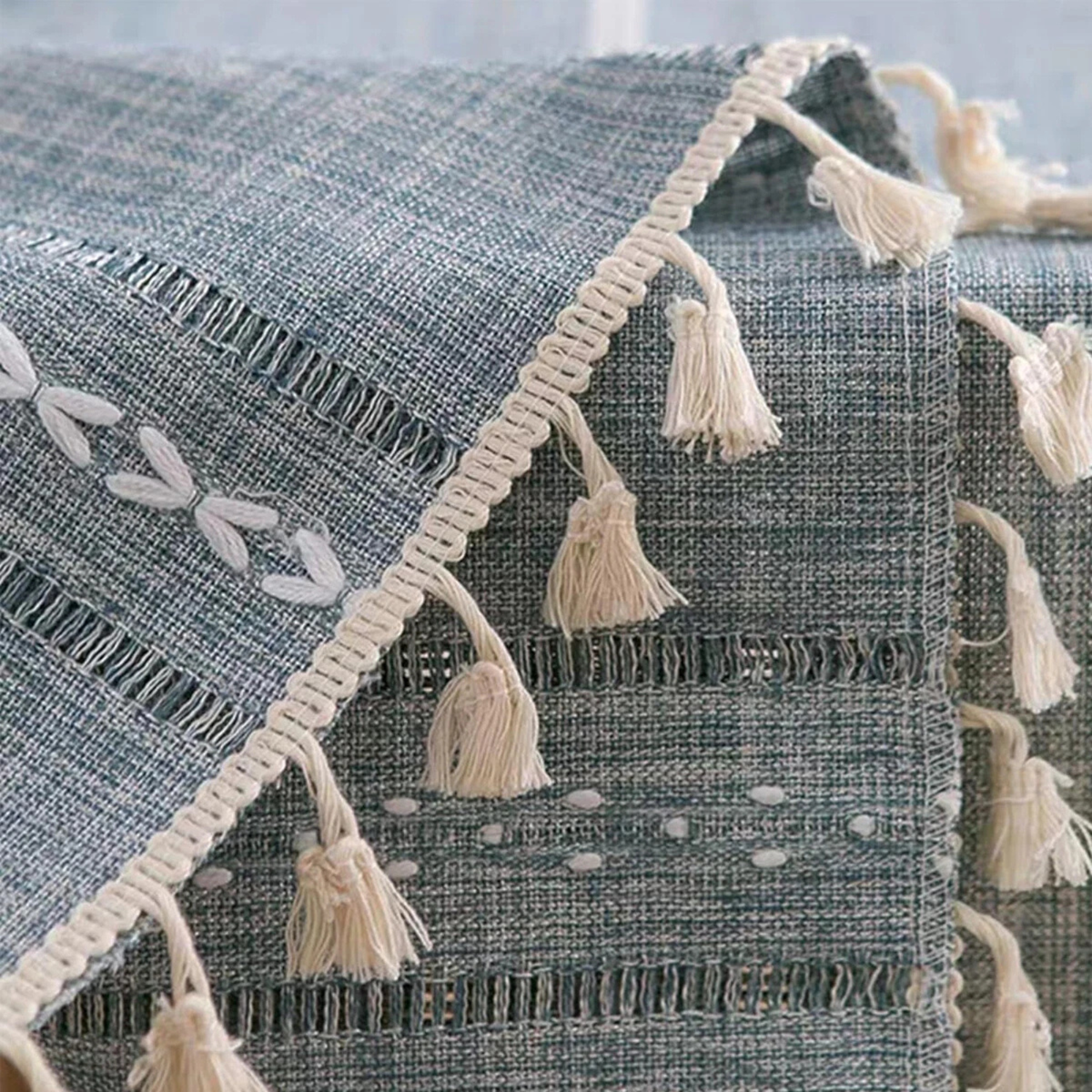 Blue Woven Fringe Table Runner Solid Colour Dining Table Decoration