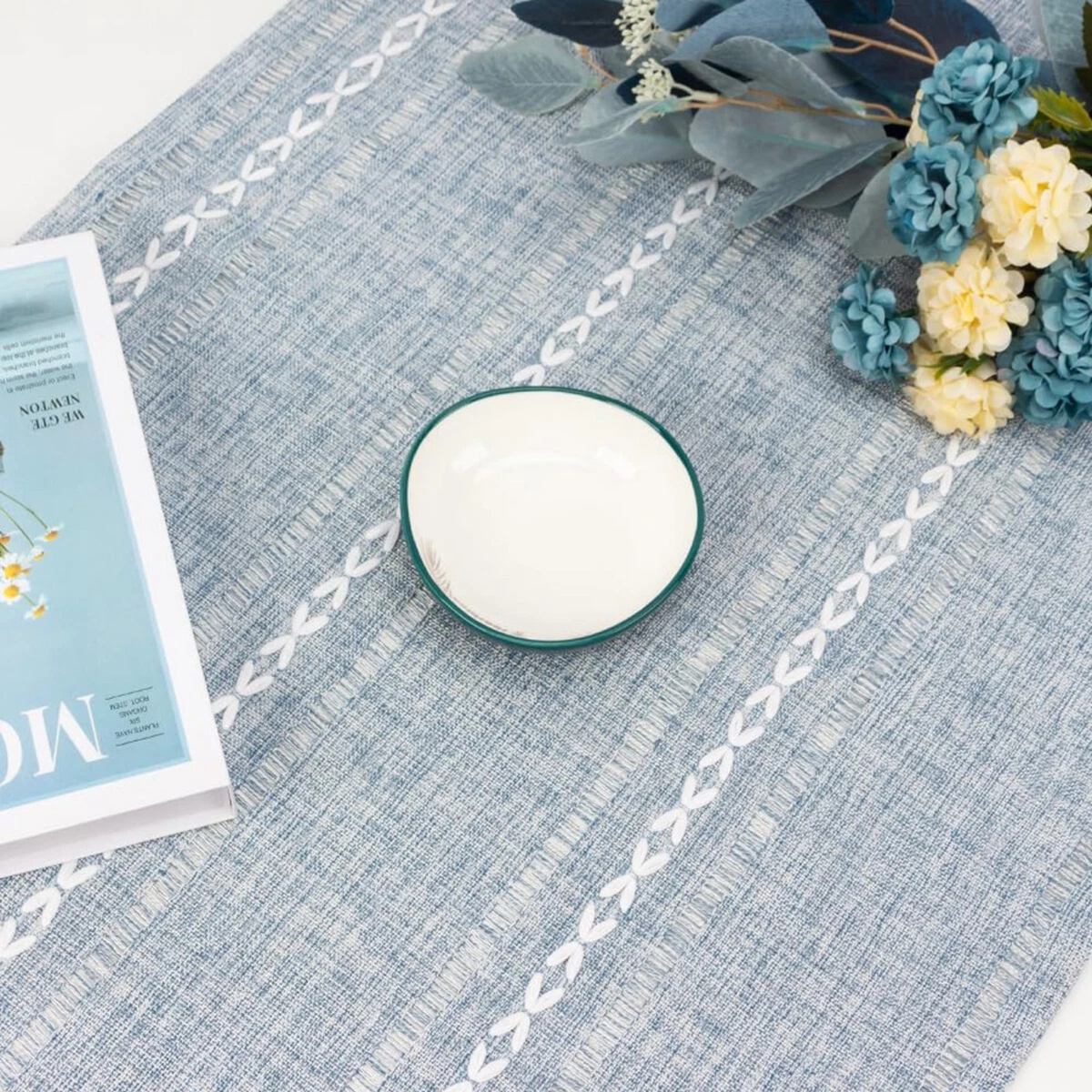 Blue Woven Fringe Table Runner Solid Colour Dining Table Decoration