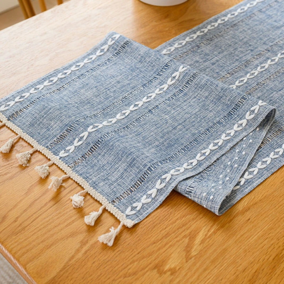 Blue Woven Fringe Table Runner Solid Colour Dining Table Decoration