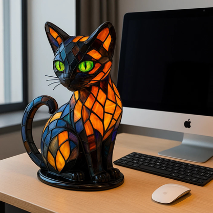 Retro Stained Glass Cat Table Lamp LED Night Light Home Decoration