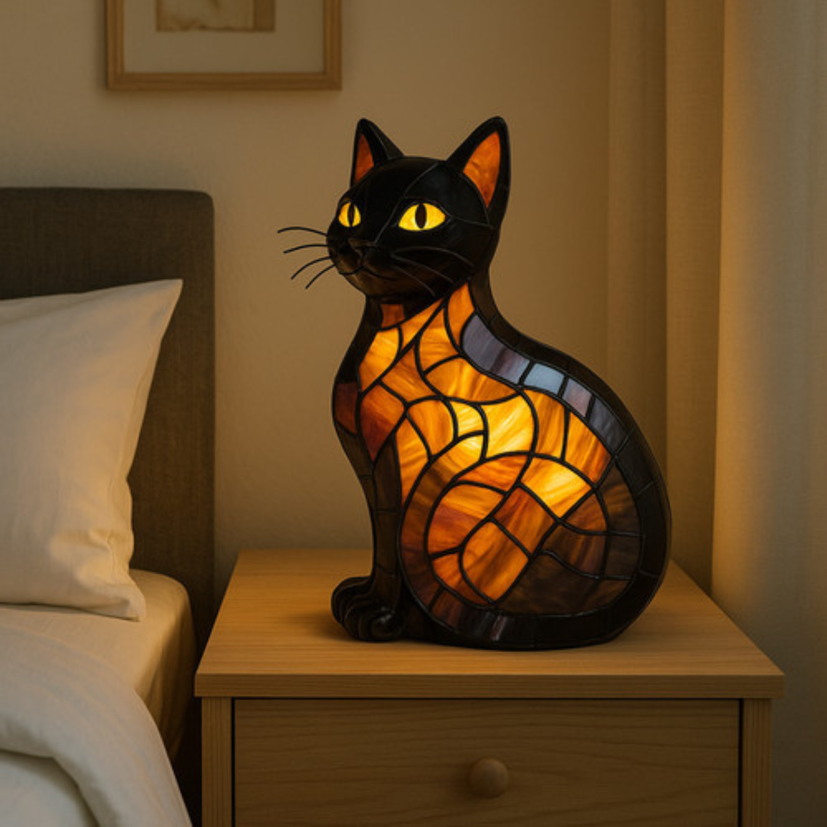 Retro Stained Glass Cat Table Lamp LED Night Light Home Decoration