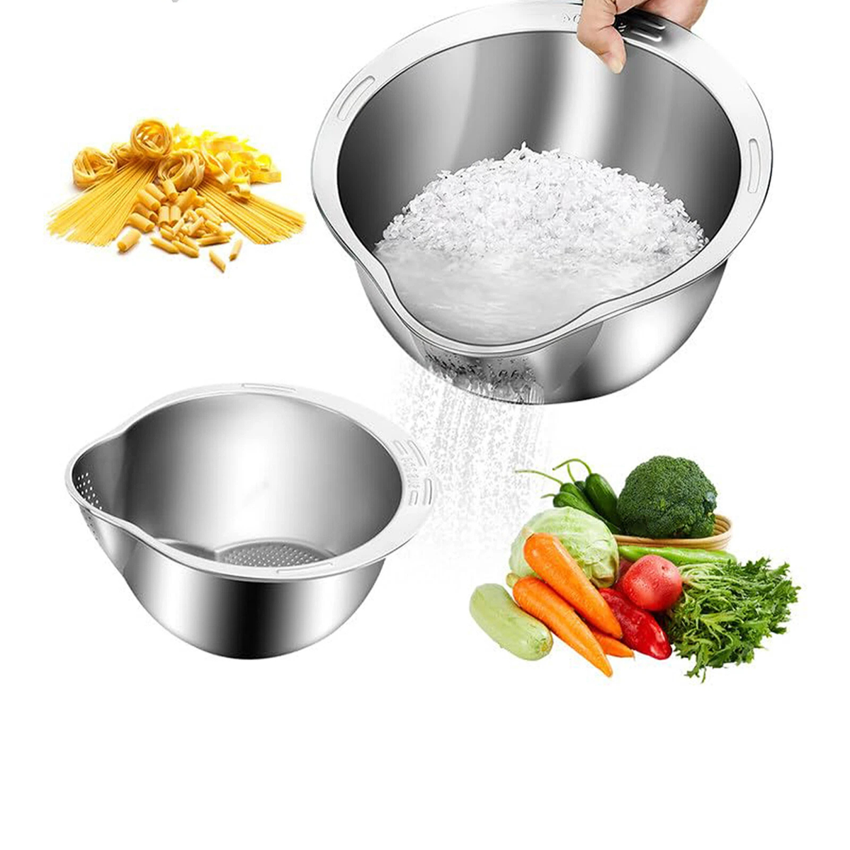 Stainless Steel Rice Washing Bowl Strainer Colander Kitchen Sieve